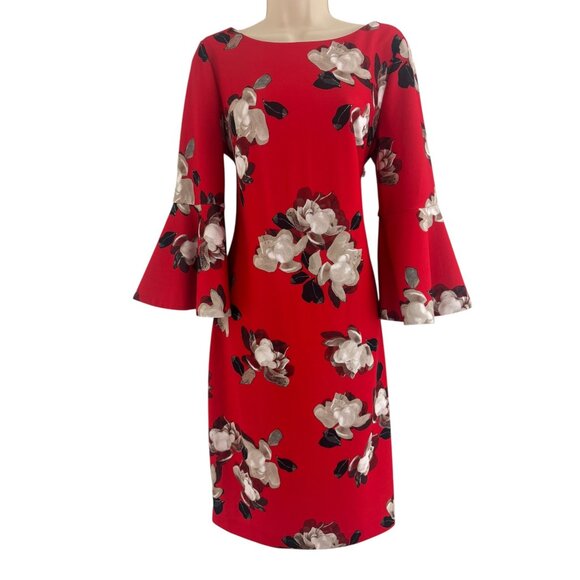 Calvin Klein Red Floral Print Sheath Bell Sleeves Dress Size 12 Fall Office - Picture 1 of 7